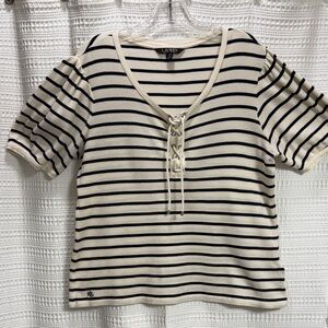 Ralph Lauren Nautical Lace up Navy/Cream Stripe Short Sleeve Top waffleknit SZ L